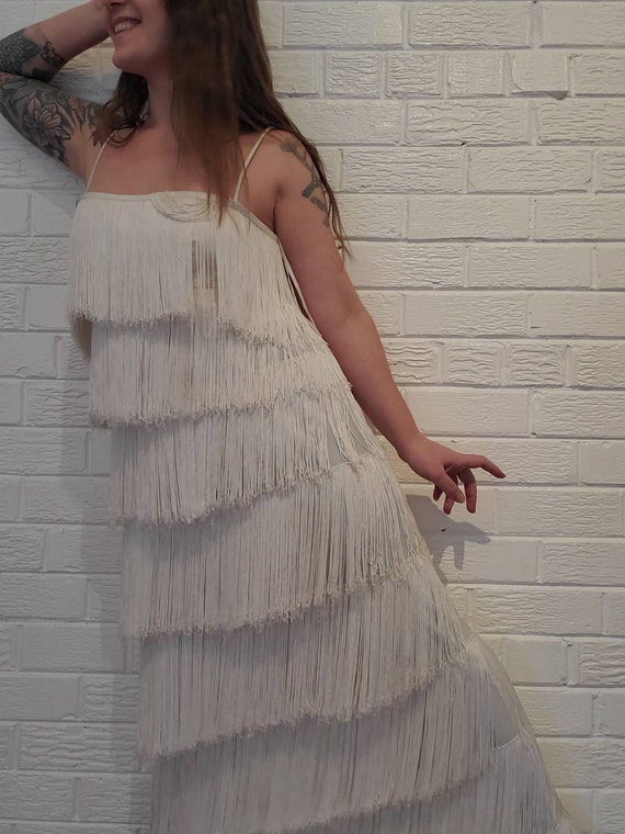 Vintage Flapper Fringe Maxi Dress • White Tiered F