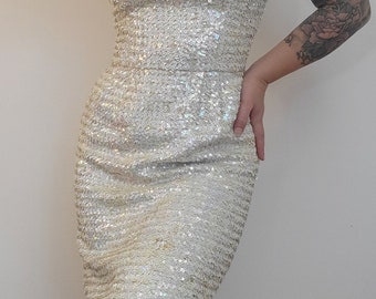 Vintage Sequin Dress Mini Bodycon Cocktail Party Dress Iridescent Sequins