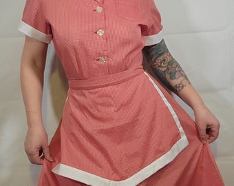 Vintage Waitress Uniform Dress Seersucker Gingham Matching Apron 34