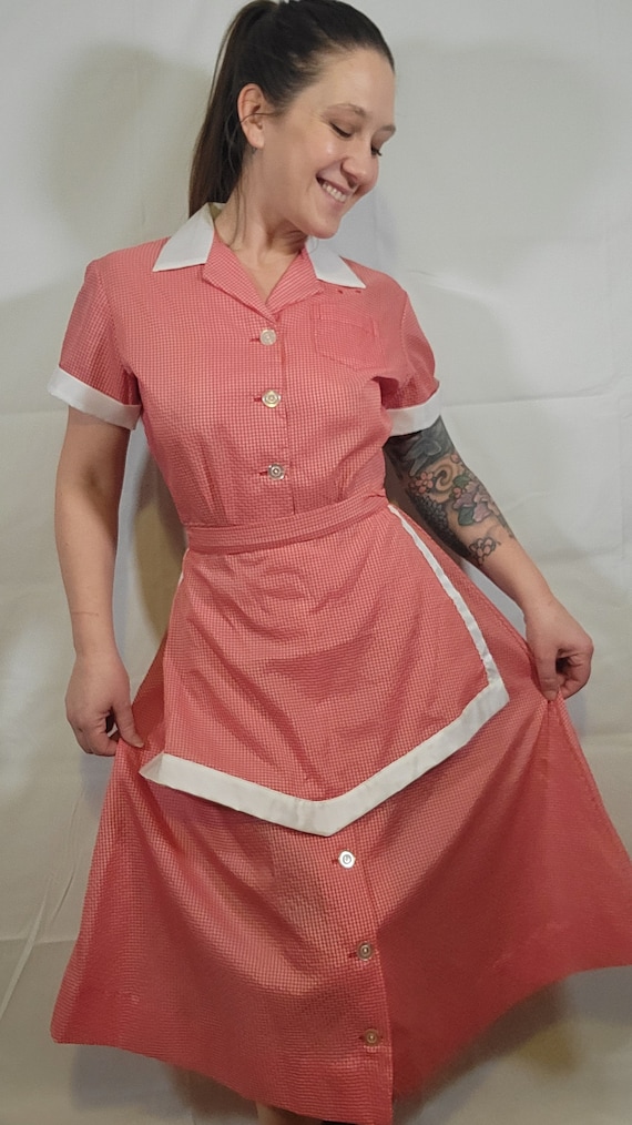 Vintage Waitress Uniform Dress Seersucker Gingham… - image 1