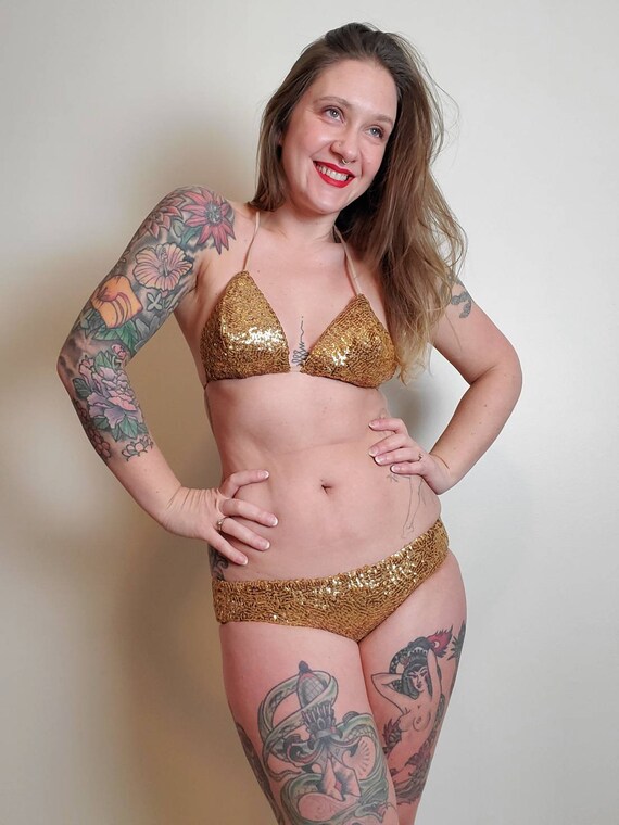 Vintage Gold Sequin Burlesque Bikini • Mid Century