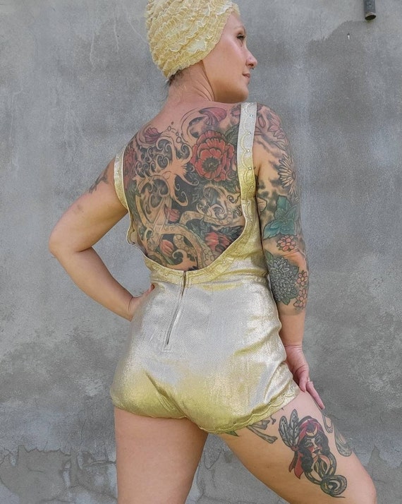 Vintage 1950s 60s Gold Lamé Swimsuit • Deweese Go… - image 4