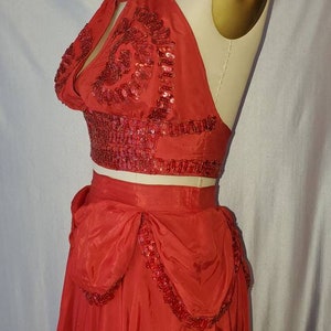 Vintage Mid Century Showgirl Burlesque Costume Red Sequin Swirl Halter Top and Skirt image 6