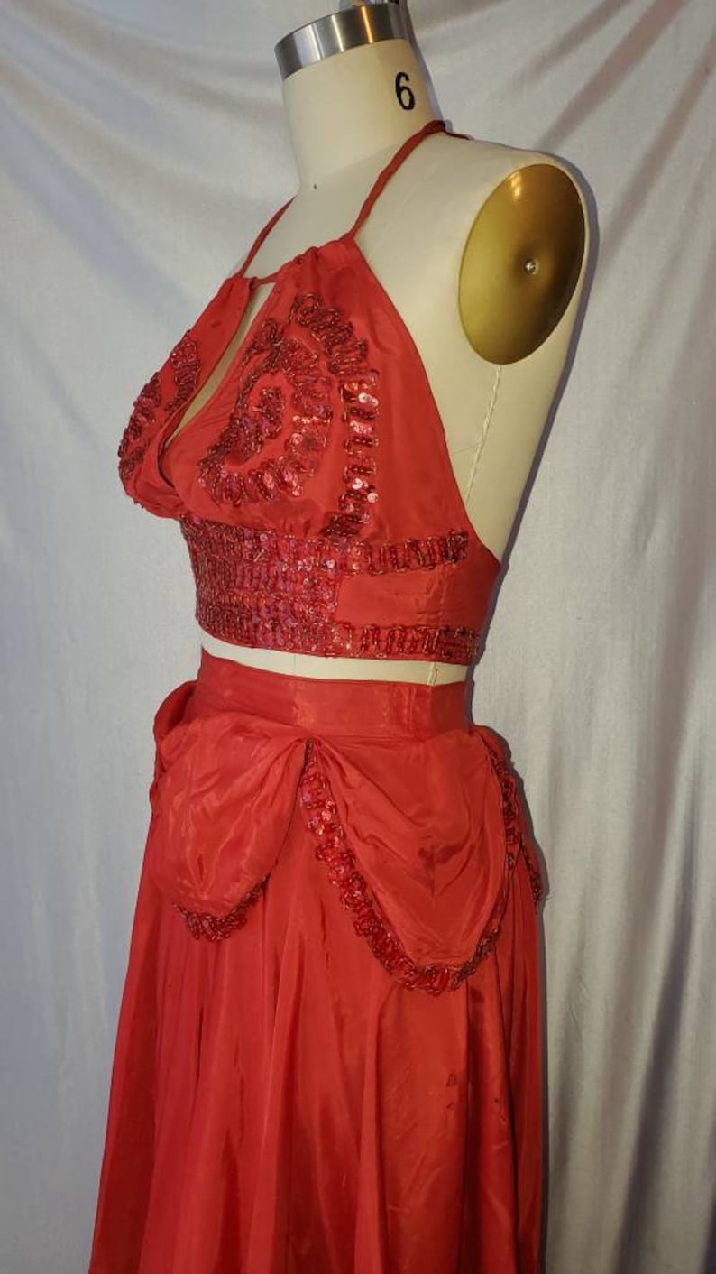 Vintage Mid Century Showgirl Burlesque Costume Red Sequin Swirl Halter Top and Skirt image 6