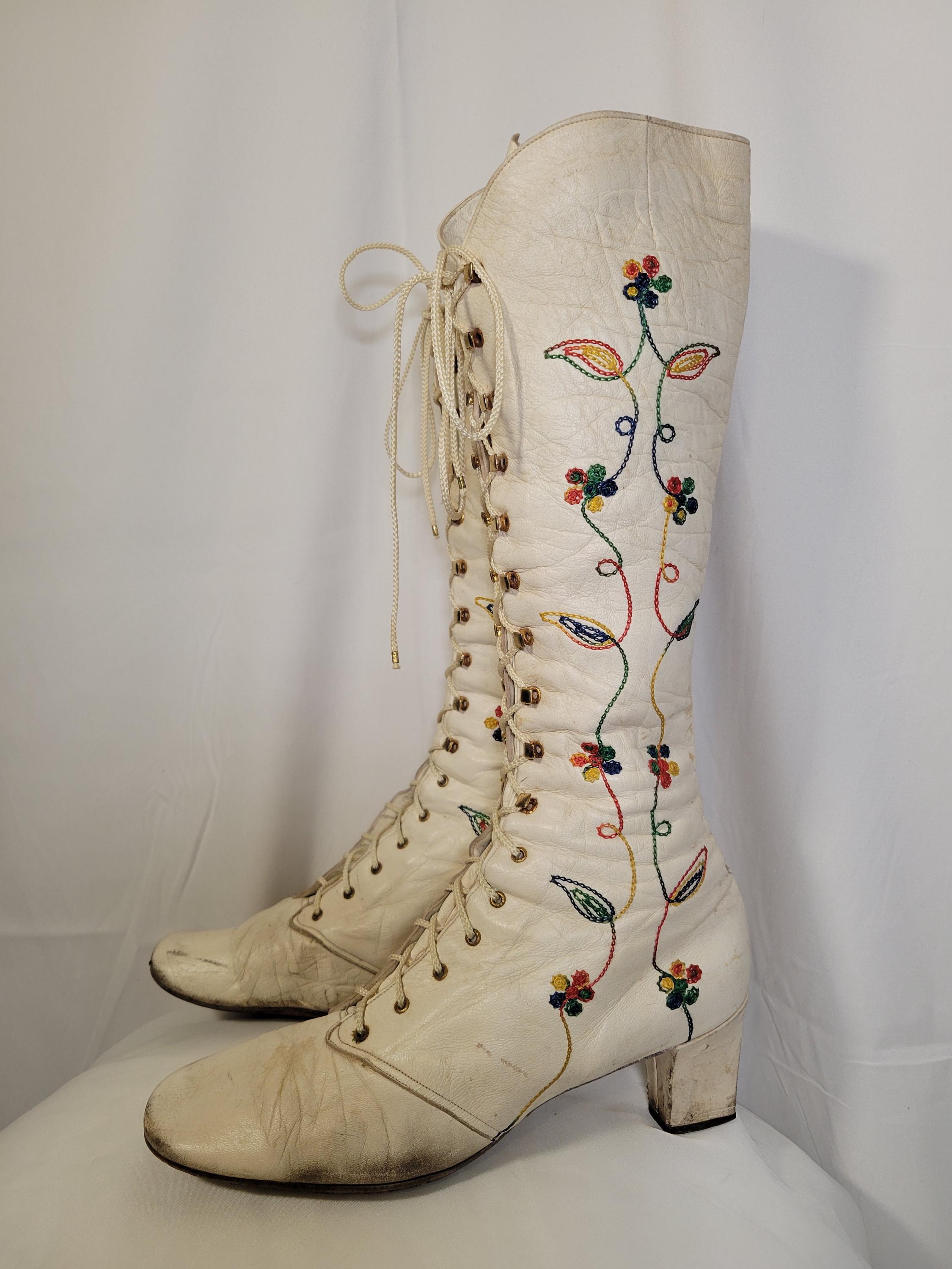 Embroidered Lace up Boots Etsy