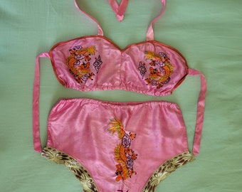 Vintage 1940s 50s Sweetheart Souvenir Lingerie Set • Embroidered Dragons • Vintage Lingerie Bikini