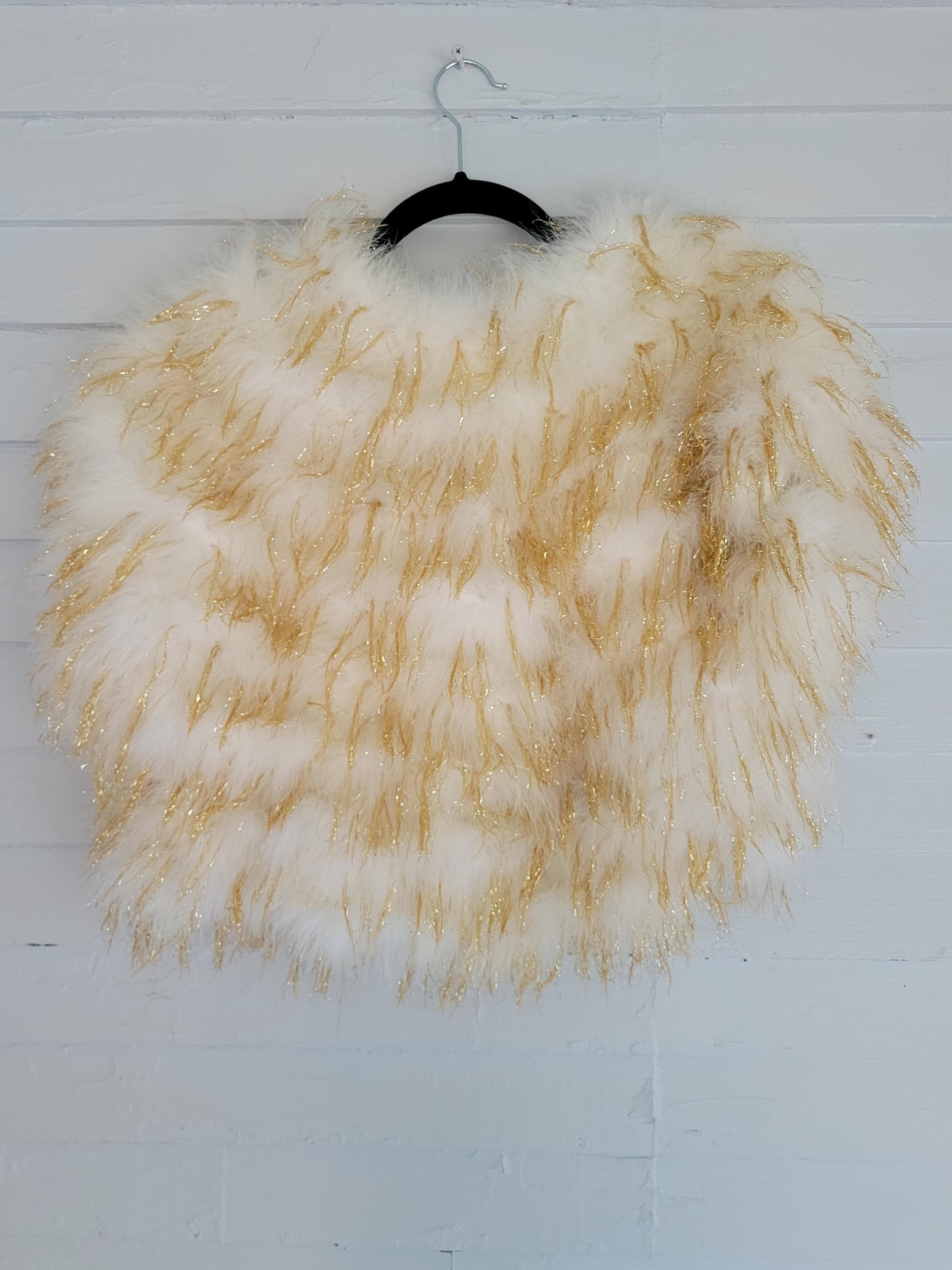 Vintage Feather and Gold Tinsel Shrug Bolero Jacket Bridal Hollywood Showgirl Glam Sz Medium