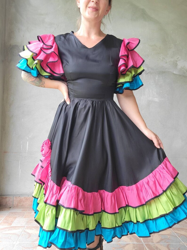 Gorgeous Vibrant Ruffle Vintage Dress Taffeta Showgirl Dancing Dress 34B 27W image 8