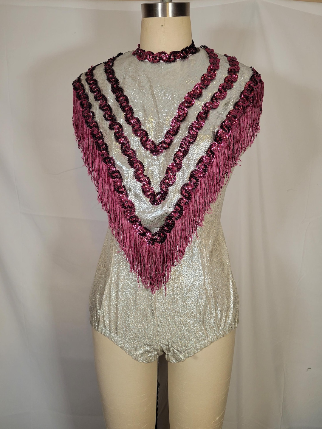 Vintage Silver Lamé Purple Fringe Costume Bib • Majorette or Cheer