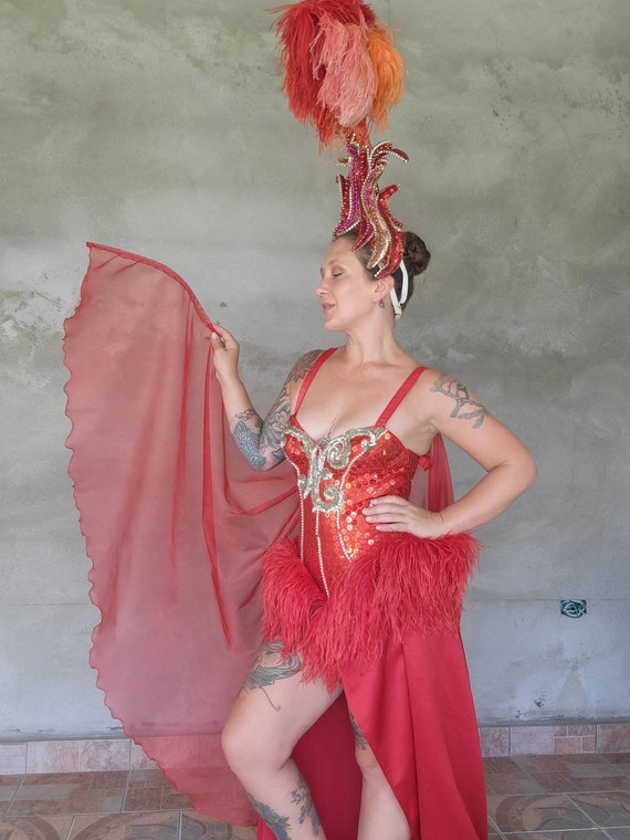 Vintage Showgirl Costume Sequin Feather Cape Las … - image 4