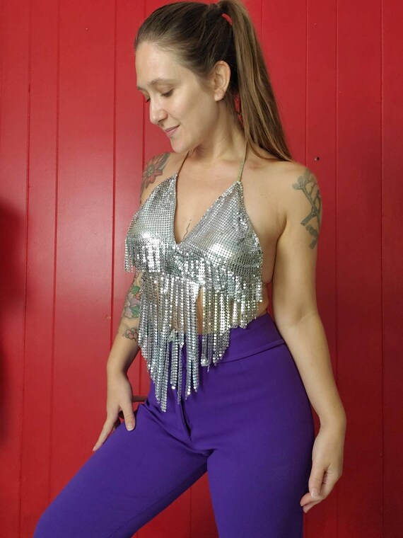 Vintage Silver Metal Mesh Halter Top • Waterfall F