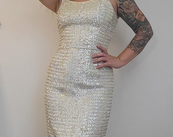 Vintage Sequin Dress Mini Bodycon Cocktail Party Dress Iridescent Sequins