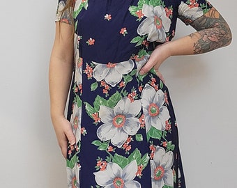 Vintage 1940s Rayon Dress Hawaiian Floral Print Dress Cherry Blossom