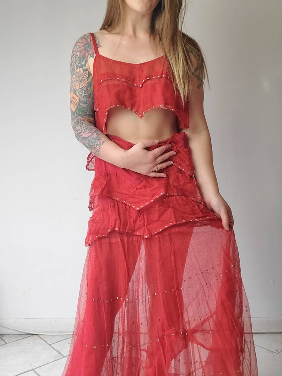 Vintage 1930s 40s Showgirl Two Piece Dress • Red M