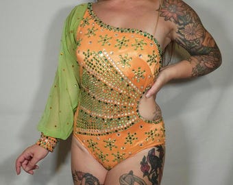 Vintage Circus Showgirl Costume Rhinestones Single Shoulder Cut Out Hip Vintage Showgirl Leotard