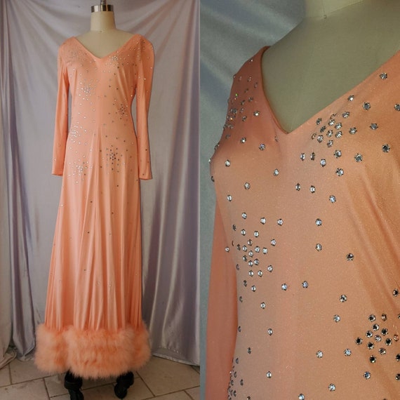 Vintage 1960s 1970s Rhinestone Feather Trim Gown … - image 6