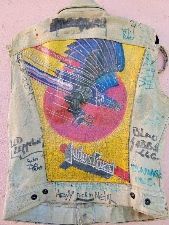 Original Vintage 1980s Metal Punk Vest Handpainte… - image 6