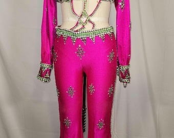 Vintage Circus Showgirl Costume Covered in Glass Rhinestones Jumpsuit Crop Top and Bell Bottoms