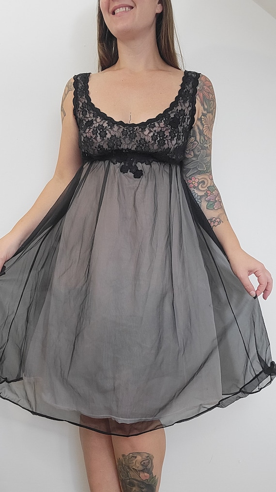 Vintage Black Lace Chiffon Baby Doll Slip Dress Li