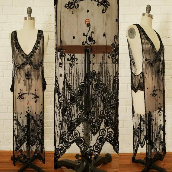Antique 1920s Tabard Dress • Black Sequin Beaded M