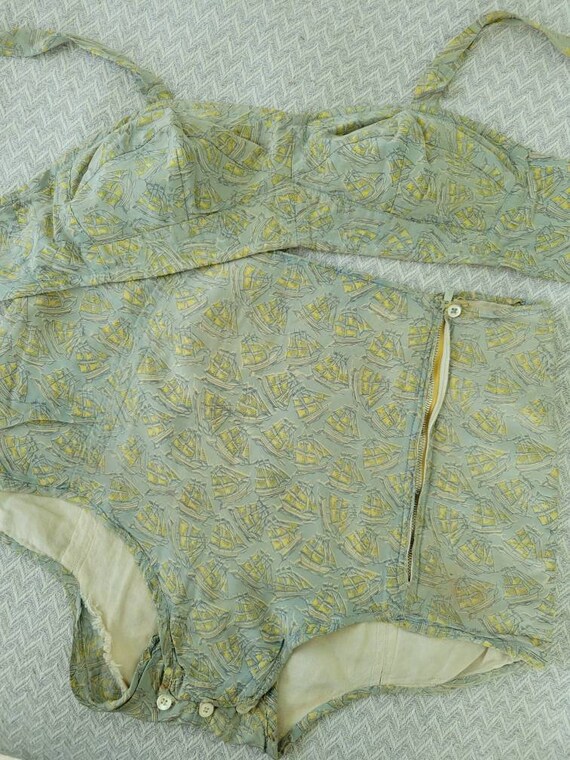 Vintage 1940s Swimsuit Novelty Boat Nautical Print Bi… Gem