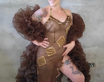 Vintage 1970s Burlesque Costume Gown and Cape Golden Brown Mesh Showgirl Costume and Ruffle Boa Vintage Burlesque Costume 3 Piece