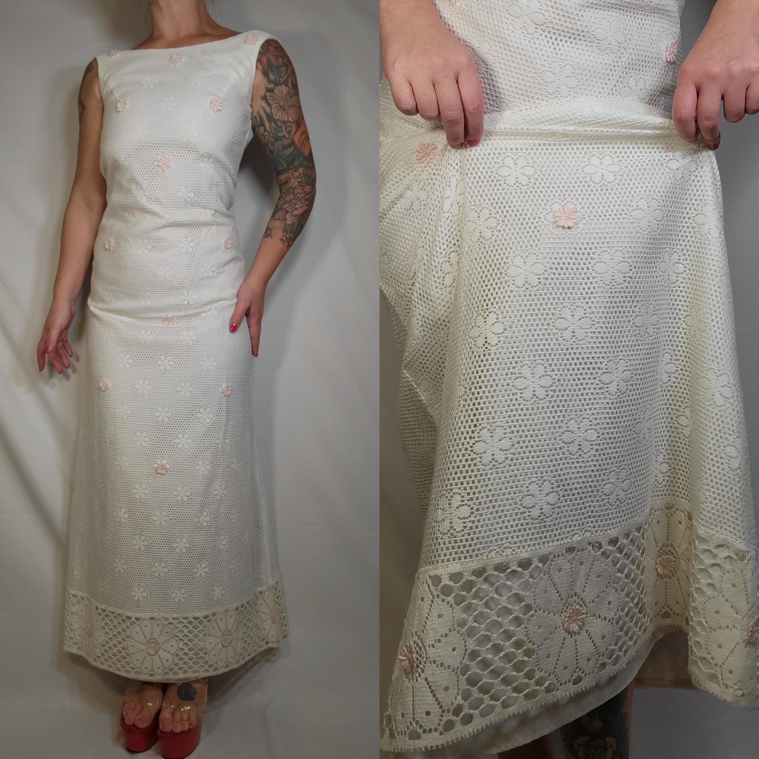 Vintage 1960s Lace Gown Maxi Dress 60s Tiny Pink Flower Appliqués Small 32/28/38