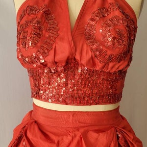 Vintage Mid Century Showgirl Burlesque Costume Red Sequin Swirl Halter Top and Skirt image 7