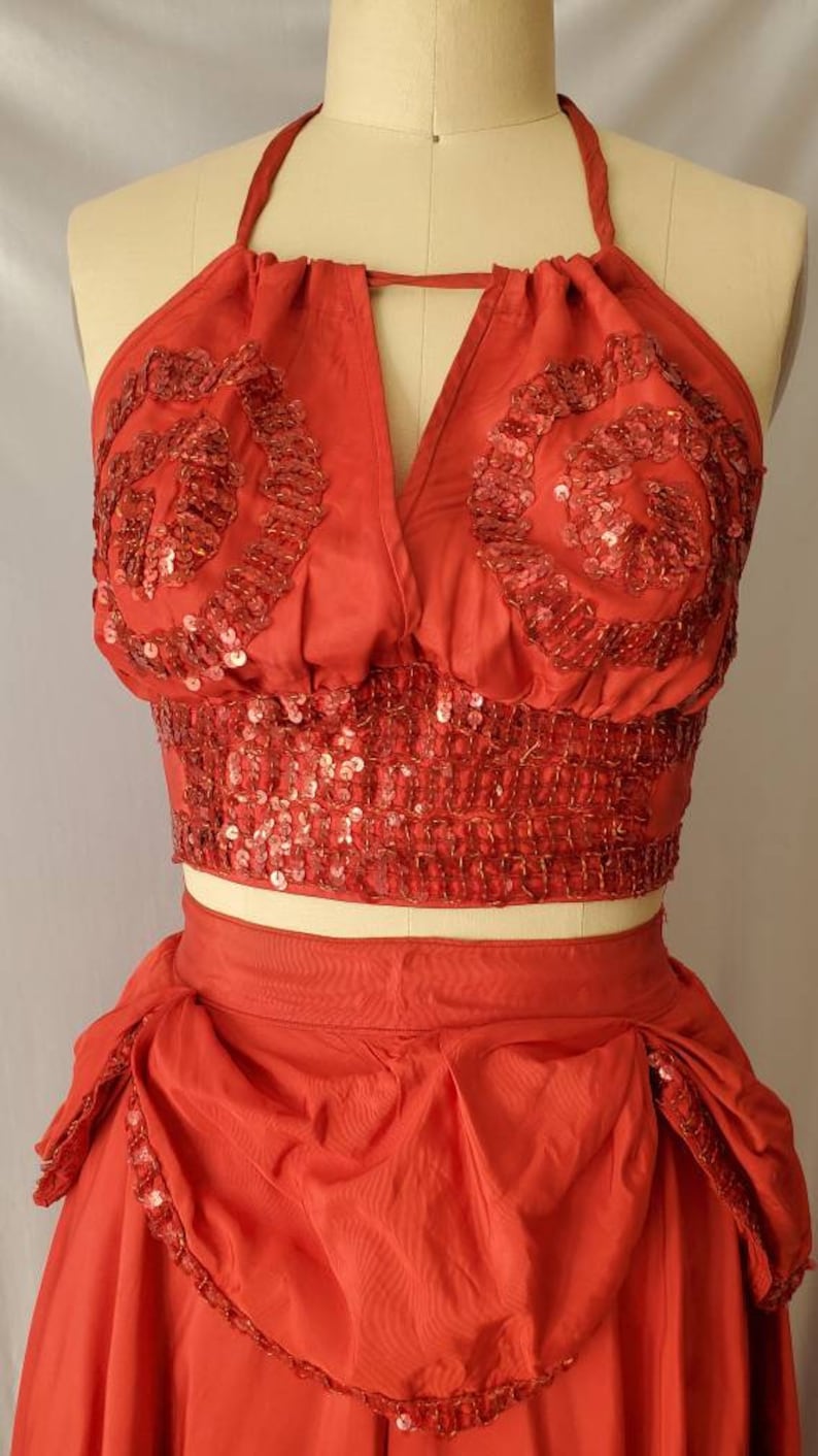 Vintage Mid Century Showgirl Burlesque Costume Red Sequin Swirl Halter Top and Skirt image 7