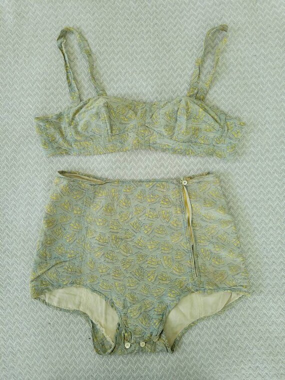 Vintage 1940s Swimsuit Novelty Boat Nautical Print Bi… Gem