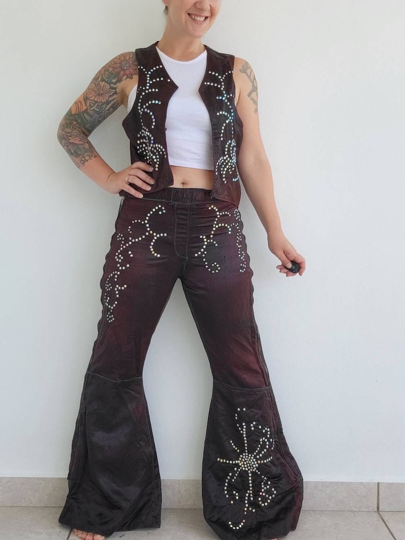 Vintage 1970s Burlesque Dancer Costume Romulus Rhinestone Stripper Vest and Bell Bottom Pants image 1