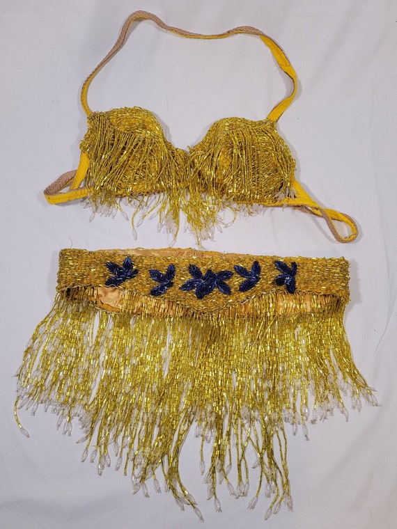 Vintage 1970s Gold Sequin Burlesque Belly Dance Costume Bra and