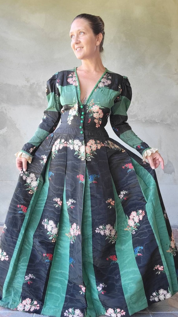 Antique Vintage Moire Silk Taffeta Gown Floral Em… - image 1