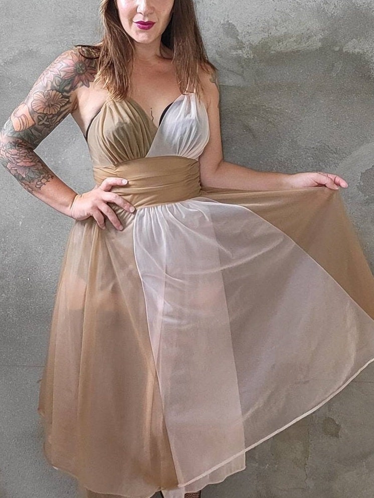 Vintage 1950s 60s Color Block Vanity Fair Slip Dress • Sheer Sexy Lingerie  size 32