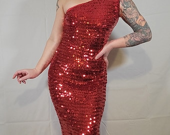 Vintage Red Sequin Showgirl Gown Asymmetrical Neckline Burlesque Bombshell Dress