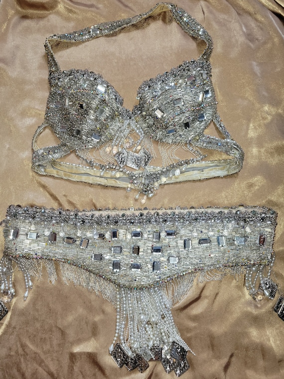 Vintage Belly Dance or Burlesque Costume Glass Bead Rhinestone Bra and Belt  Set Beaded Fringe -  Finland