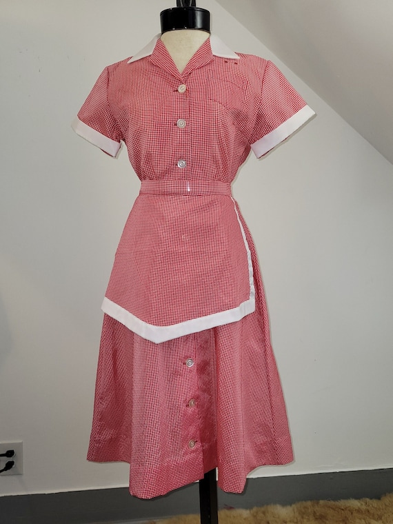 Vintage Waitress Uniform Dress Seersucker Gingham… - image 3