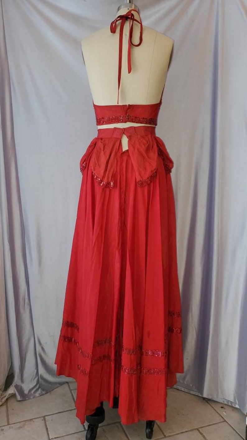 Vintage Mid Century Showgirl Burlesque Costume Red Sequin Swirl Halter Top and Skirt image 8