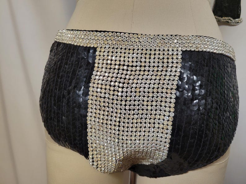 May include: Black sequined shorts with a wide waistband and a vertical panel of sparkling rhinestones. The shorts are designed with a high-waisted cut and are likely part of a costume or performance outfit.
