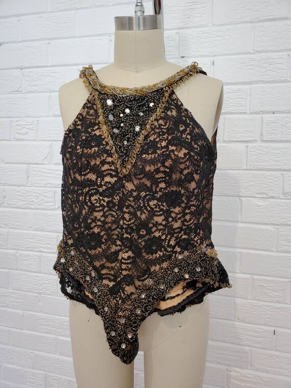 Vintage 1940s 50s Black Lace Beaded Illusion Showg