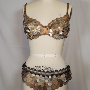 Vintage Belly Dance Costume Real Coin Bra and Belt Handmade Showgirl Costume