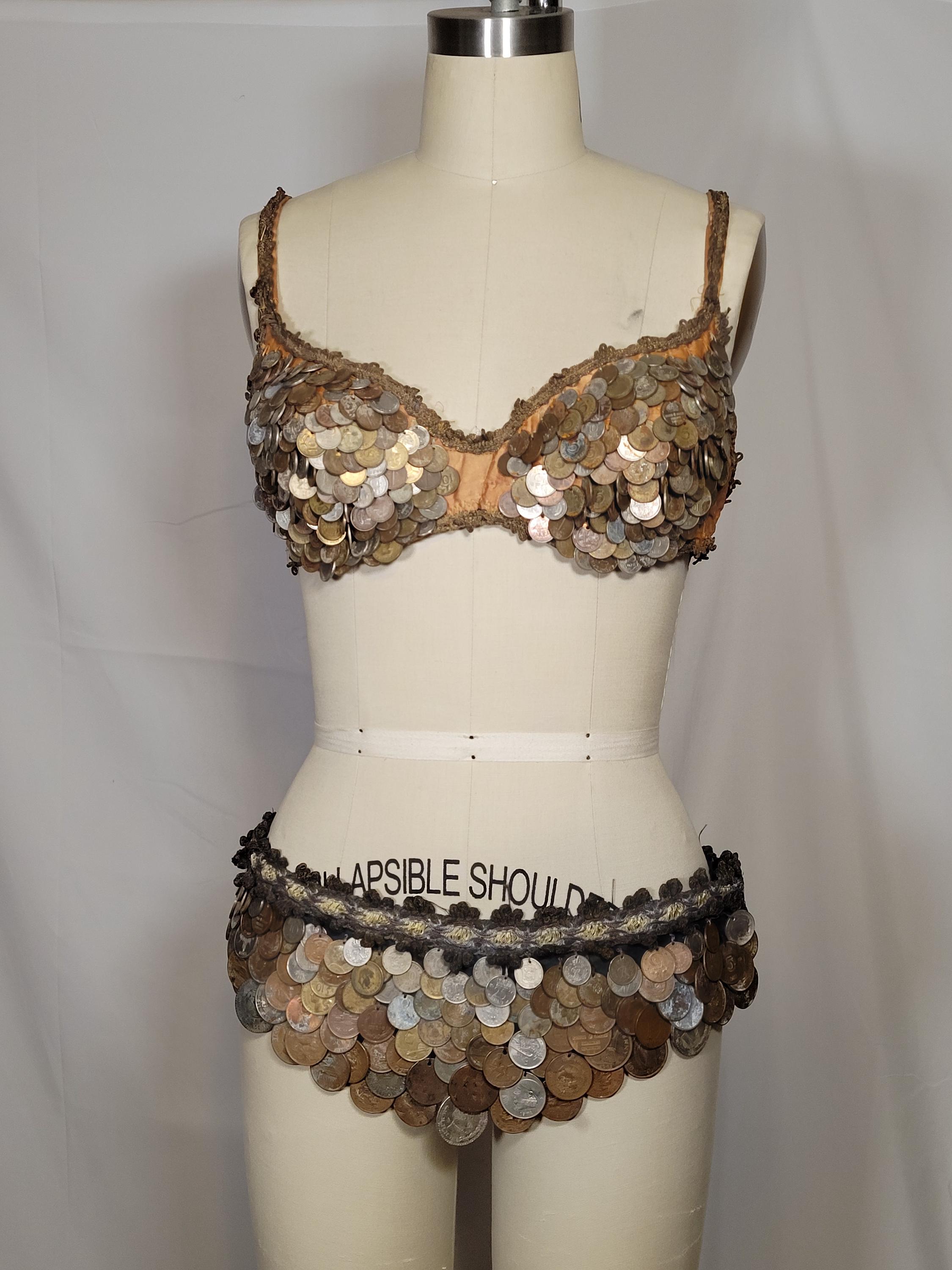 Vintage Belly Dance Costume Real Coin Bra and Belt Handmade Showgirl Costume