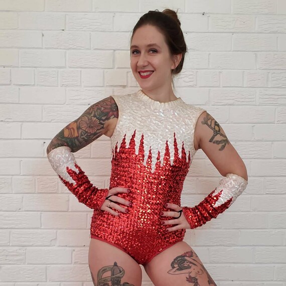 Vintage Red and White Sequin Leotard • Baton Twirl
