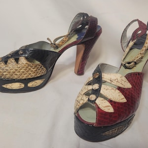 Vintage 1940s Leather Platform Heels Peep Toe Ankle Strap Red White Blue Snakeskin Heels Size 8