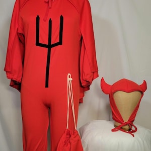 Vintage Devil Costume Red Jumpsuit with Tail Cape Devil Horn Headpiece and Candy Bag XS Adult Teen Size