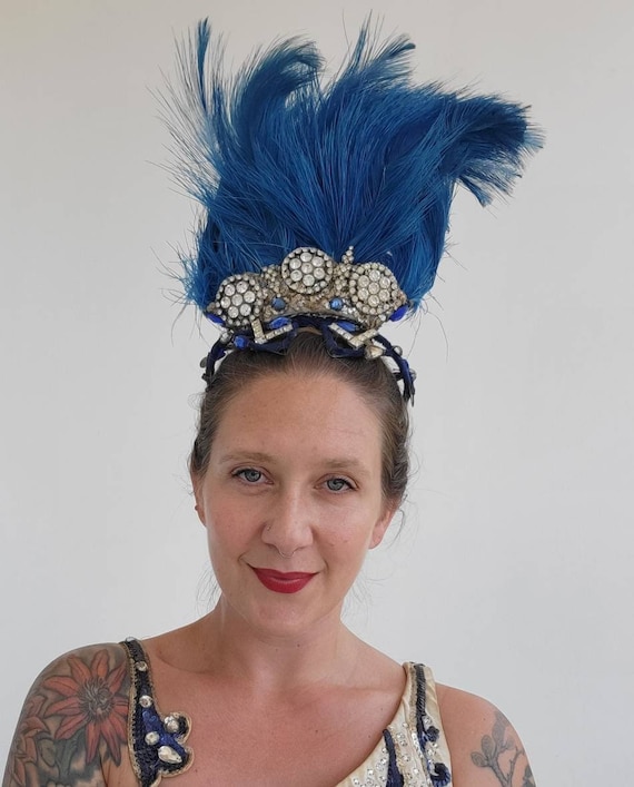 Navy Blue Embellished Ostrich Feather Turban Headpiece Fascinator 1920s 40s 4186 