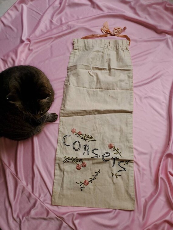 Vintage 1920s Corset Linen Bag • Antique Boudoir •