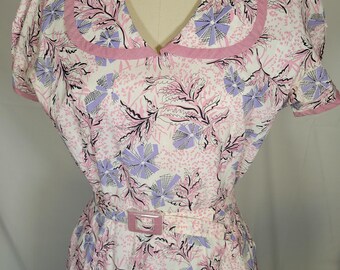 Vintage 1950s Spiderweb Print Dress Pastel Pink Lavender Mid Century Web Print Dress