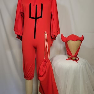 Strój diabła w stylu vintage, czerwony kombinezon z peleryną z ogonem, diabelskim rogiem, nakryciem głowy i torbą na cukierki XS dla dorosłych, rozmiar dla nastolatków