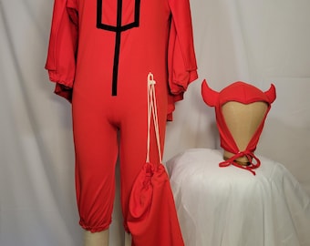 Vintage Devil Costume Red Jumpsuit with Tail Cape Devil Horn Headpiece and Candy Bag XS Adult Teen Size